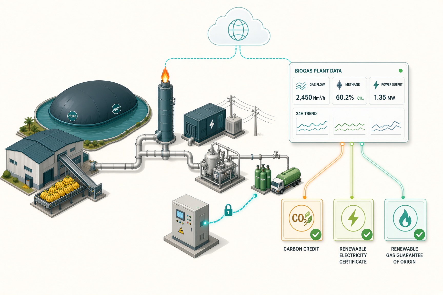 Biogas plant data from the digester, flare, genset and upgrading skid, issued as a carbon credit, a renewable electricity certificate, or a renewable gas Guarantee of Origin.