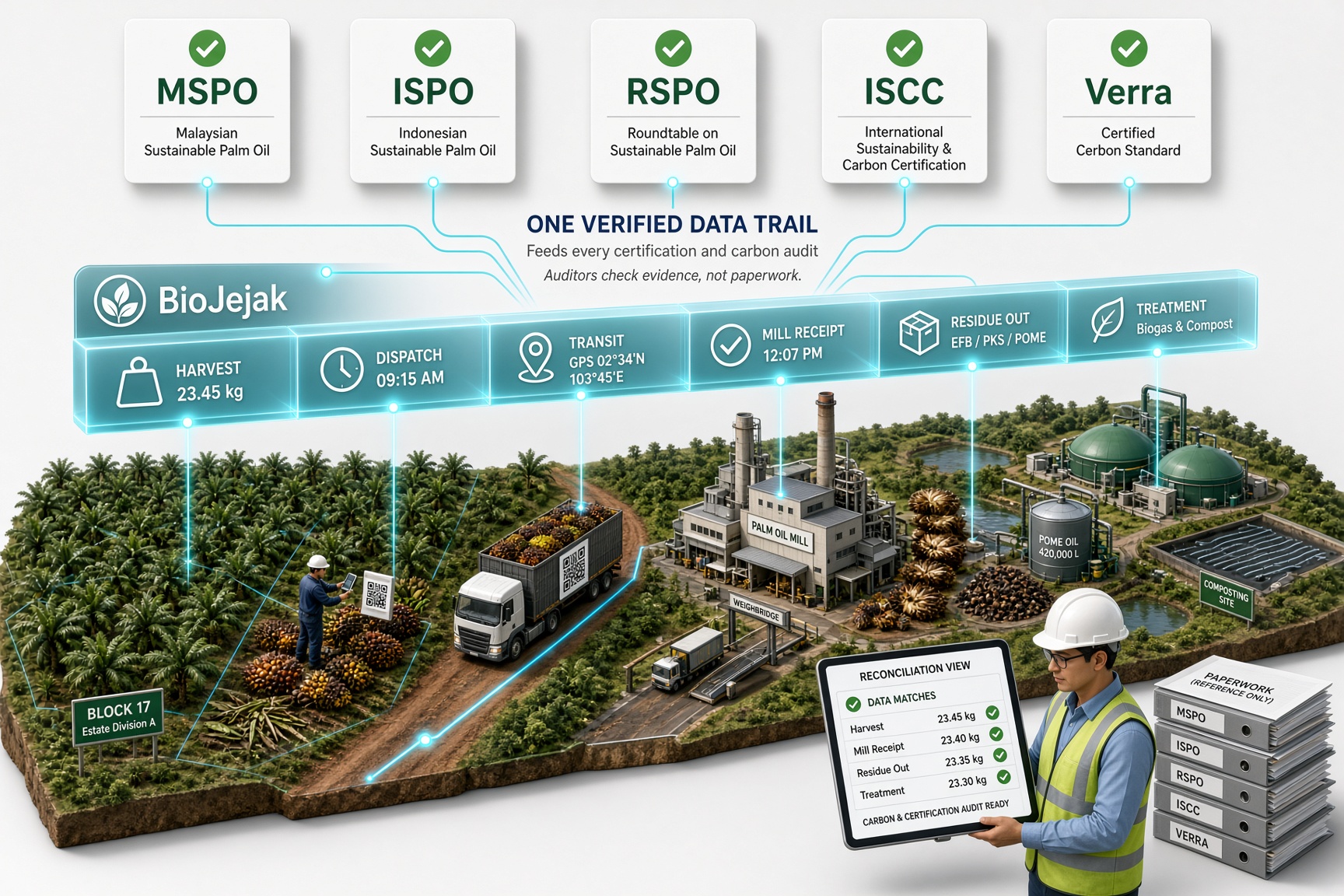 One verified data trail from harvest to treatment, feeding MSPO, ISPO, RSPO, ISCC and Verra.