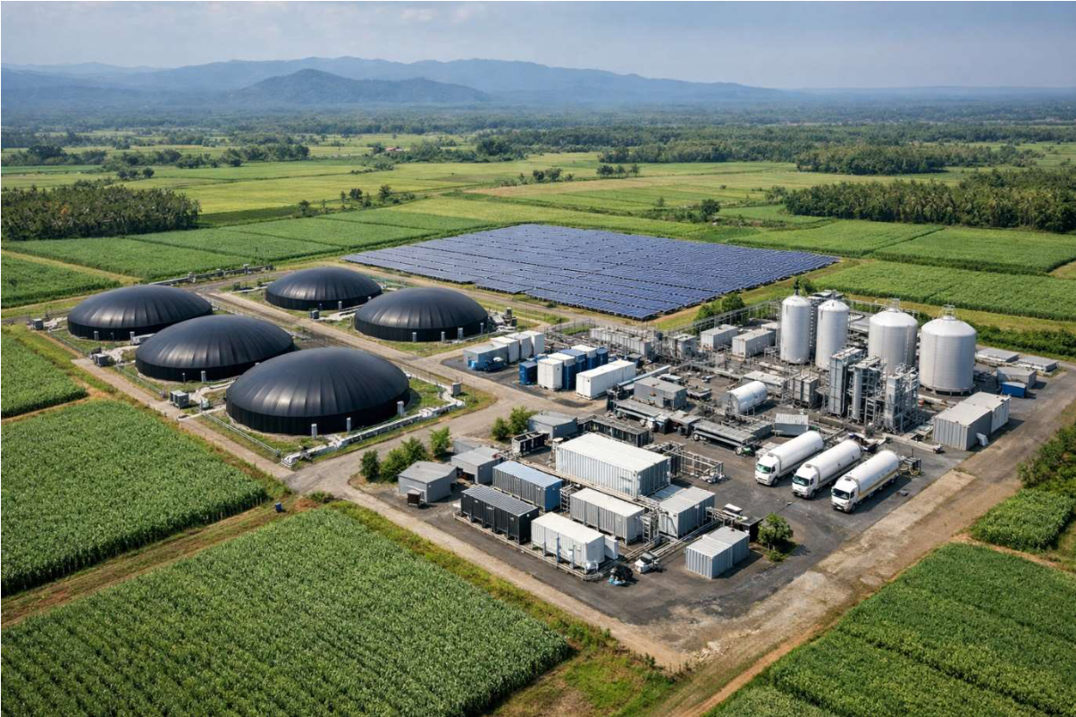 Proposed Sumatra bio-LNG plant: digesters, a solar array, liquefaction tanks, and road tankers in the fields.