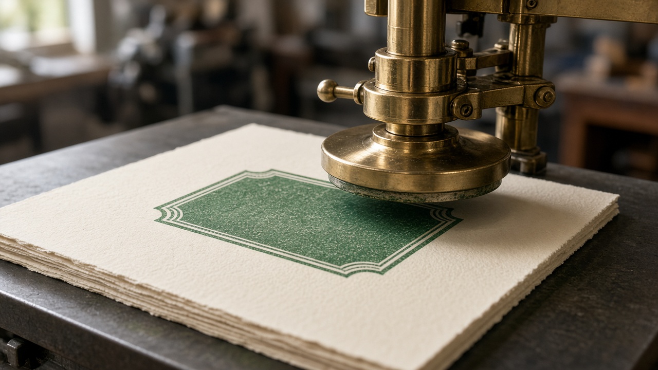 A green bond under a gold press