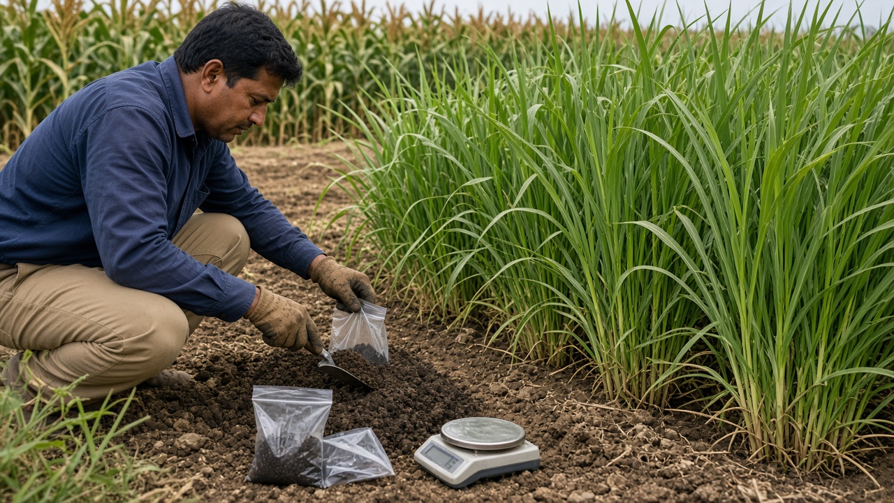 Biofertiliser sampling beside a trial plot