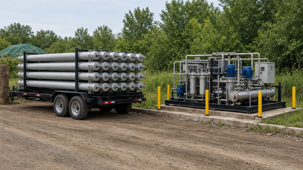 Compressed biomethane cylinders on a tube trailer
