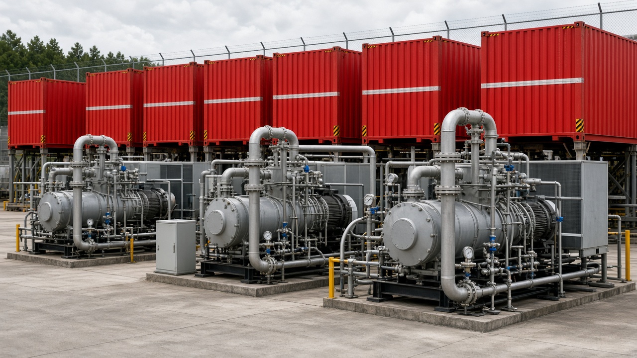 Red compressed-hydrogen containers and compressors