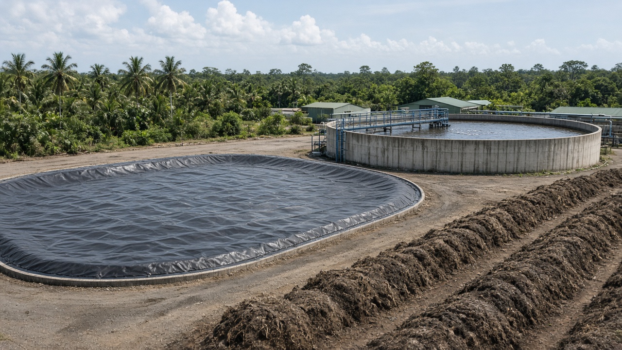 Biogas covers, wastewater plant, and compost rows